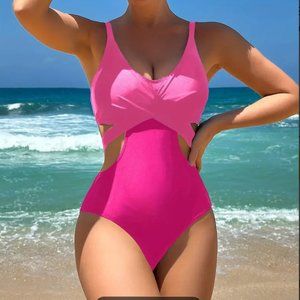 Pink Criss Cross Hollow Out Tie Back One-piece Swimsuit Color Block Size 6